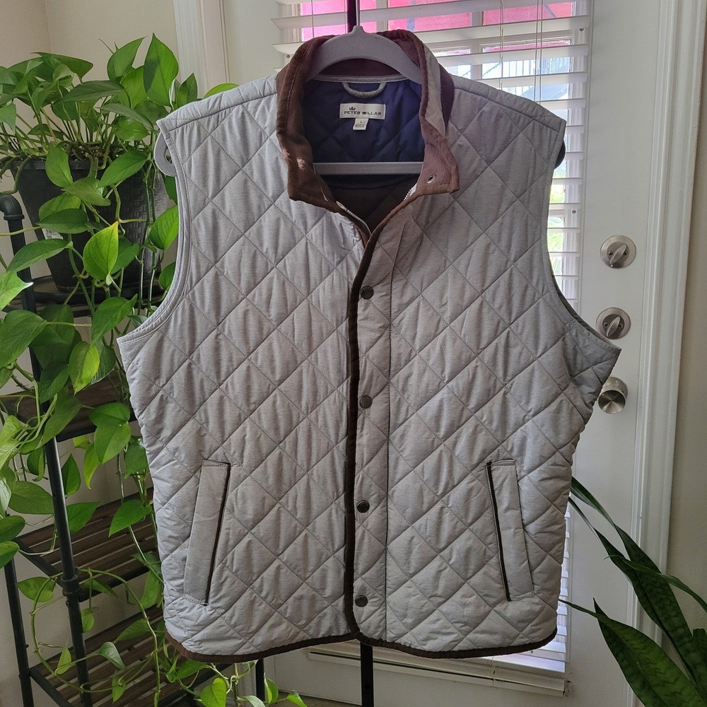 Peter Millar Mens Quilted Vest Light Grey Brown Trim Full Zip Snap Front Large